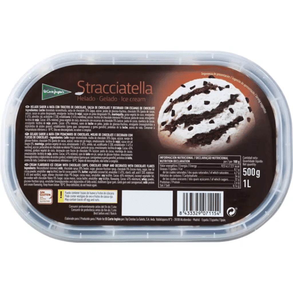 Gelado de Stracciatella sem Glúten embalagem 1 L - EL CORTE INGLÉS