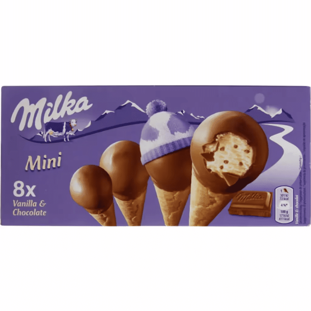 Mini Cones de Gelado de Baunilha e Chocolate Pack 8 embalagem 200 ml - MILKA