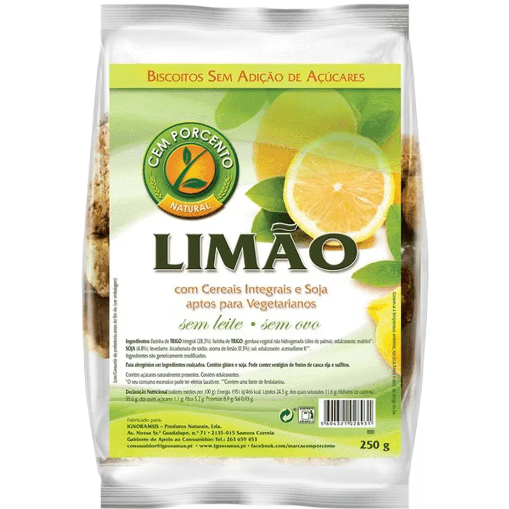 Biscoitos de Limão sem Açúcar embalagem 250 g - CEM PORCENTO