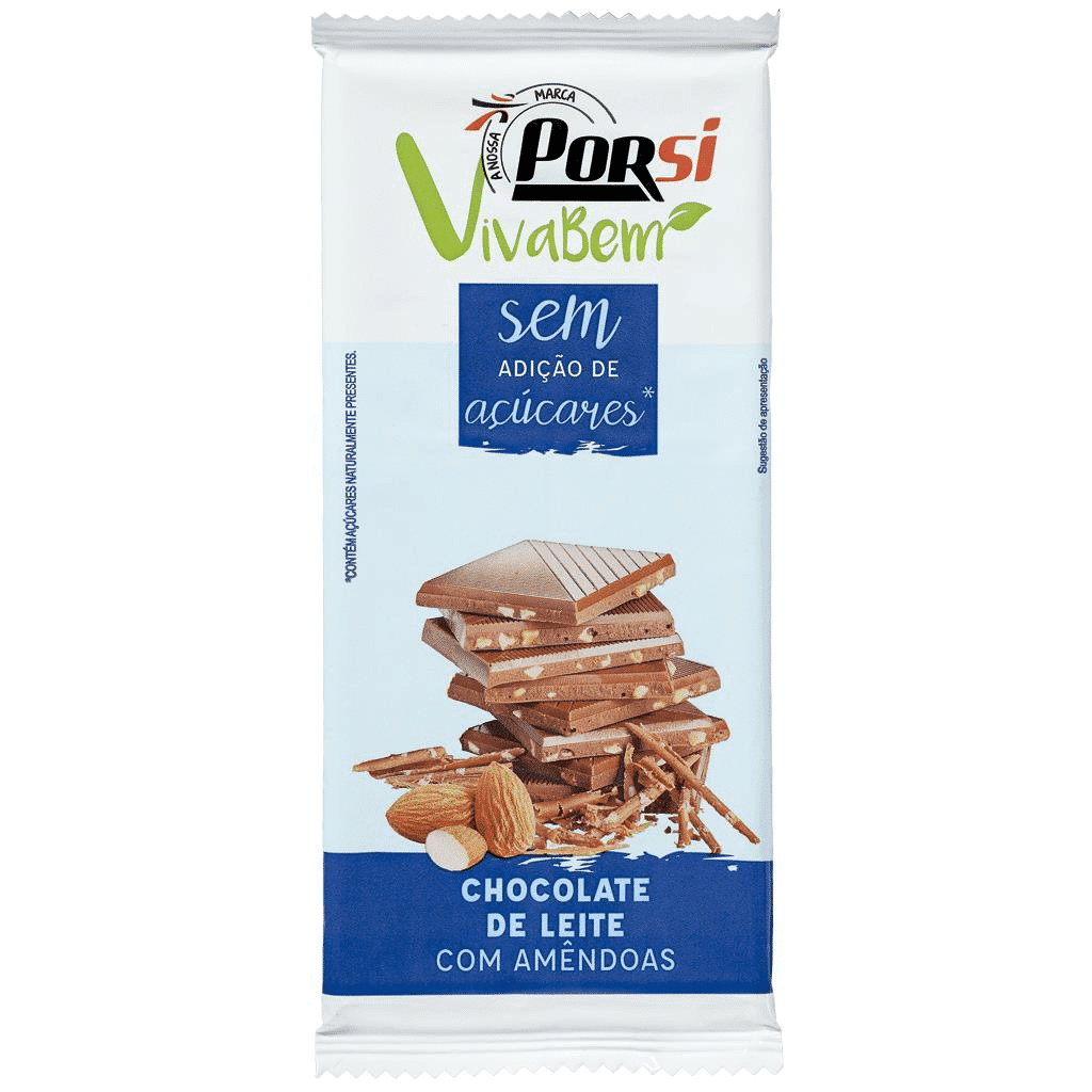 Tablete de chocolate de leite com amêndoas - sem açúcar - PORSI VIVA BEM