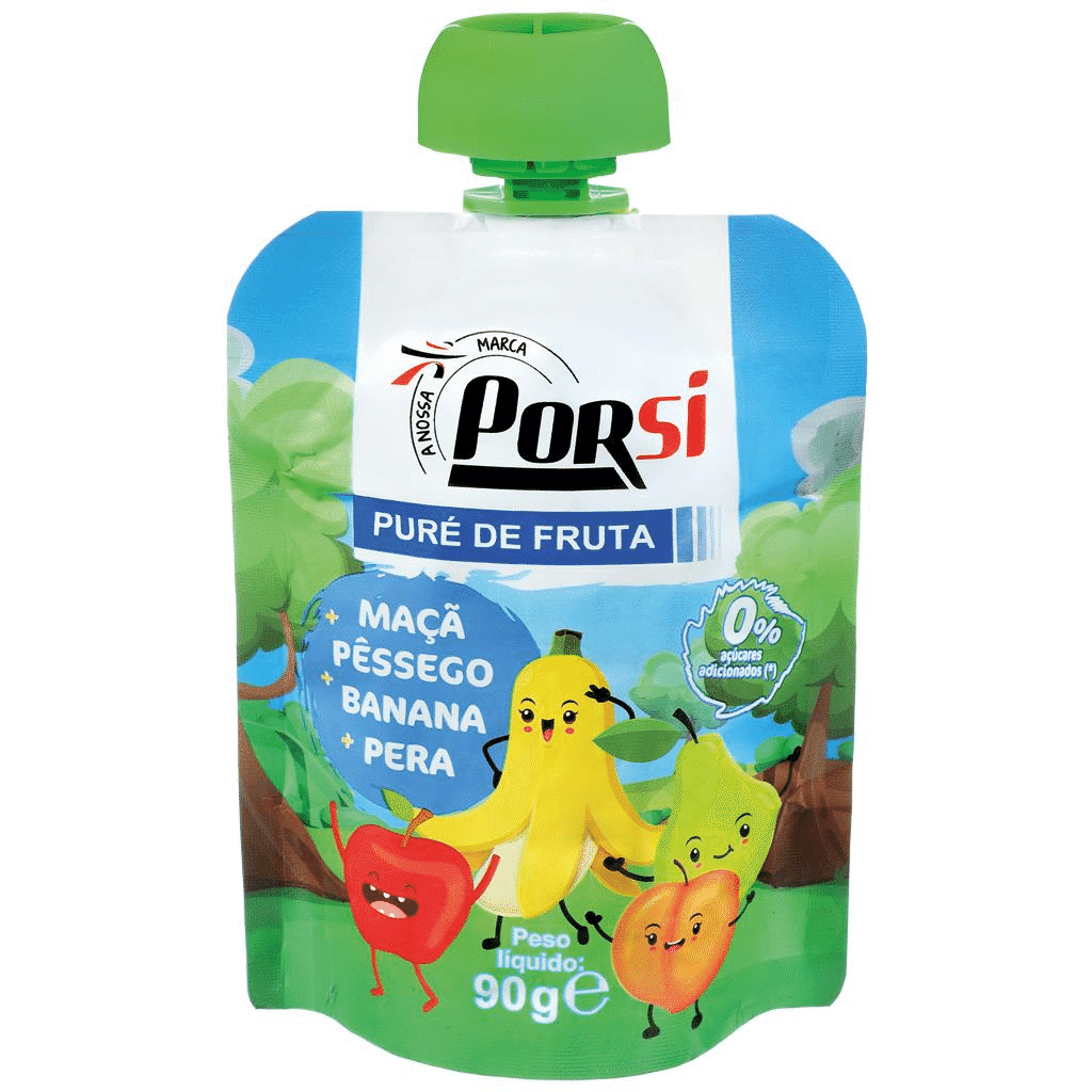 Saqueta de puré de fruta | maçã + pêssego + banana + pera - PORSI