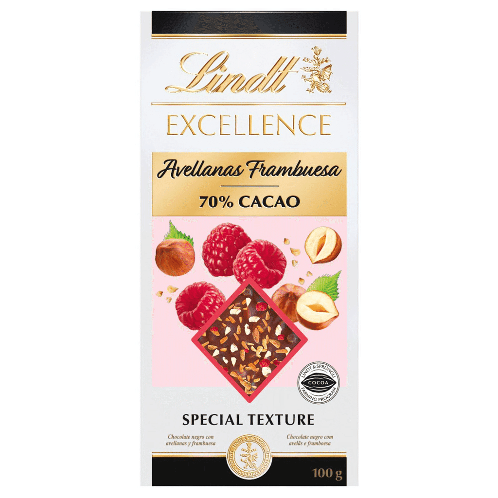 Tablete de Chocolate Negro Excellence Framboesa e Avelã 70% Cacau - LINDT