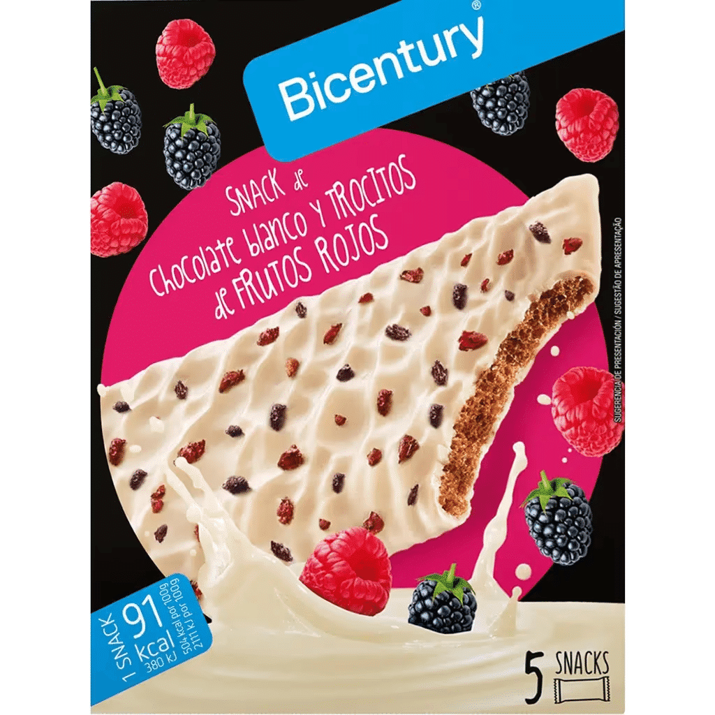 Barritas de Chocolate Branco com Frutos Vermelhos embalagem 90 g - BICENTURY