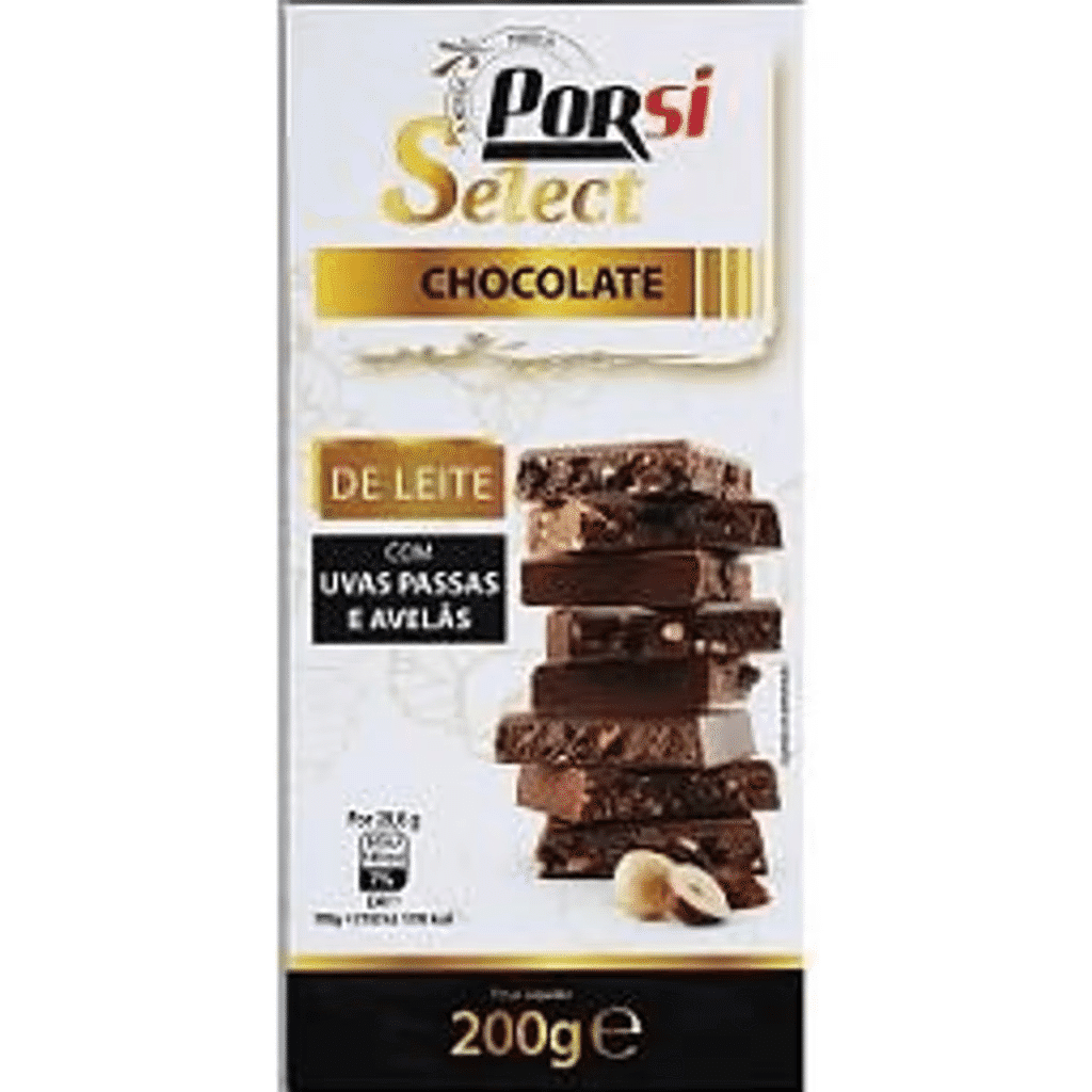 Tablete de chocolate de leite com passas e avelãs - PORSI SELECT