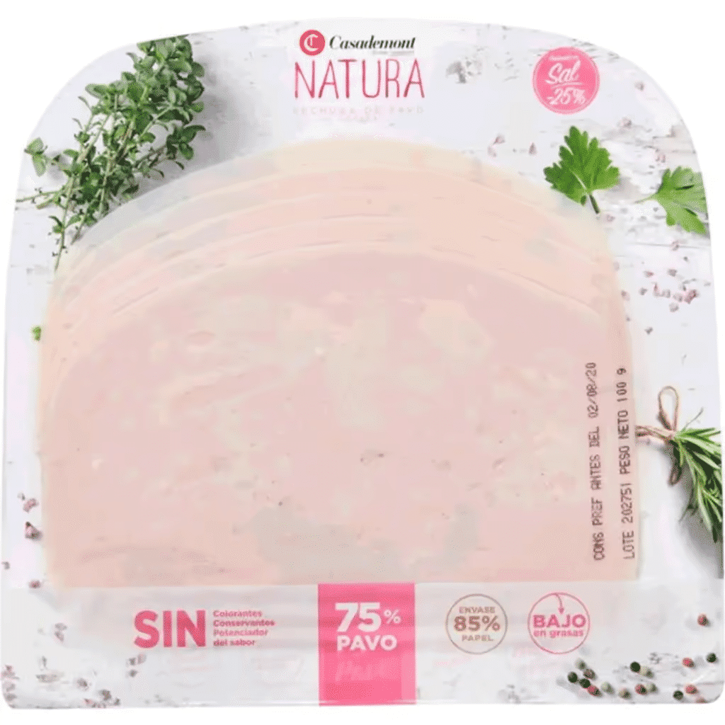 Peito de Peru Natura Baixo em Gorduras -25% Sal em Fatias sem Glúten embalagem 100 g - CASADEMONT