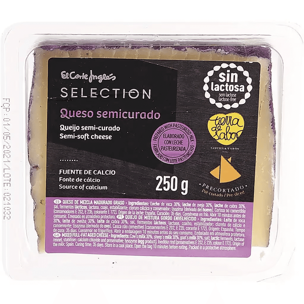 Queijo Semi-curado Pré-cortado sem Lactose embalagem 250 g - EL CORTE INGLÉS SELECTION