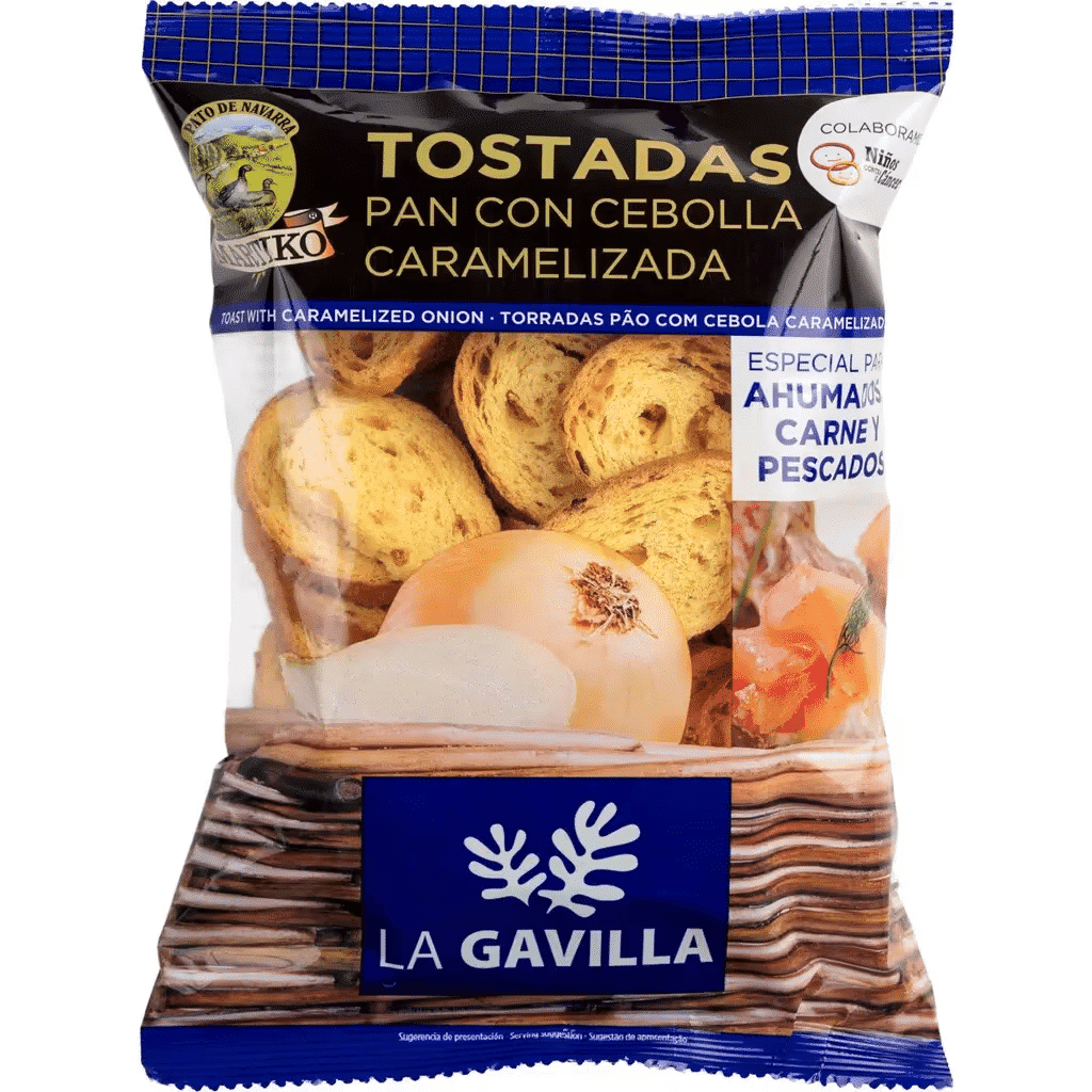 Tostas com Cebola Caramelizada Especial para Fumados, Carne e Peixe embalagem 80 g - LA GAVILLA