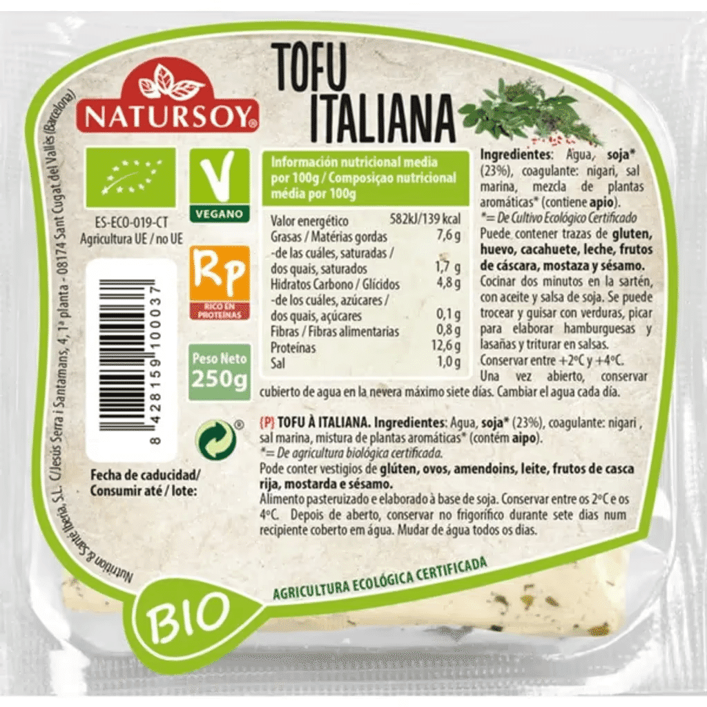 Tofu Italiana Biológico embalagem 250 g - NATURSOY