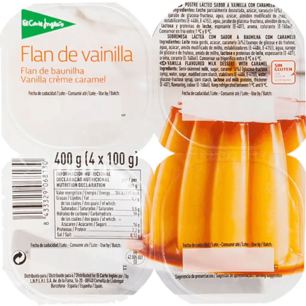 Pudim Flan de Baunilha sem Glúten Pack 4 embalagem 100 g - EL CORTE INGLÉS