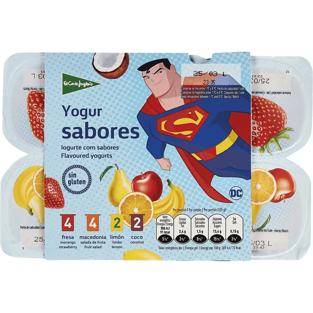 Iogurte com Sabores 4 Morango, 4 Salada de Frutas, 2 Limão e 2 Coco sem Glúten Pack 8 embalagem 125 g - EL CORTE INGLÉS