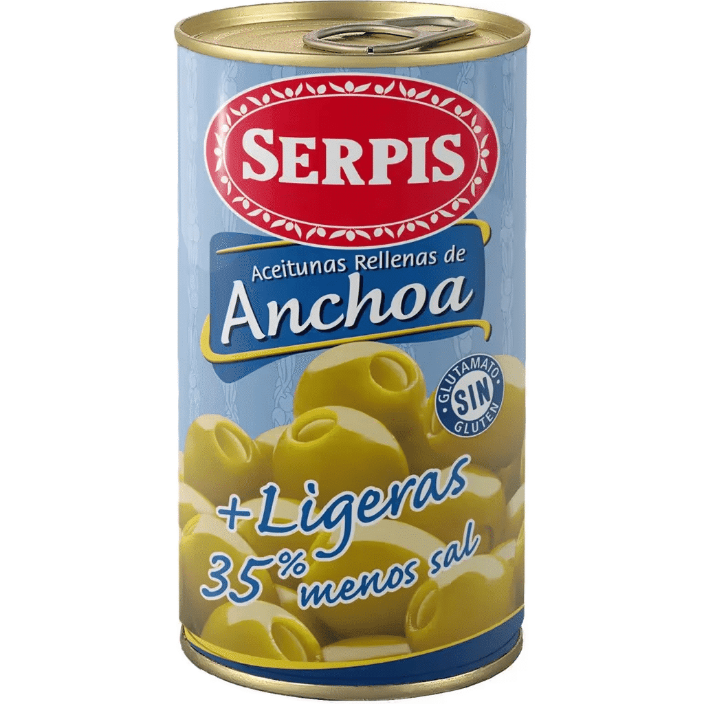 Azeitonas Recheadas de Anchova -35% Sal lata 350 g - SERPIS