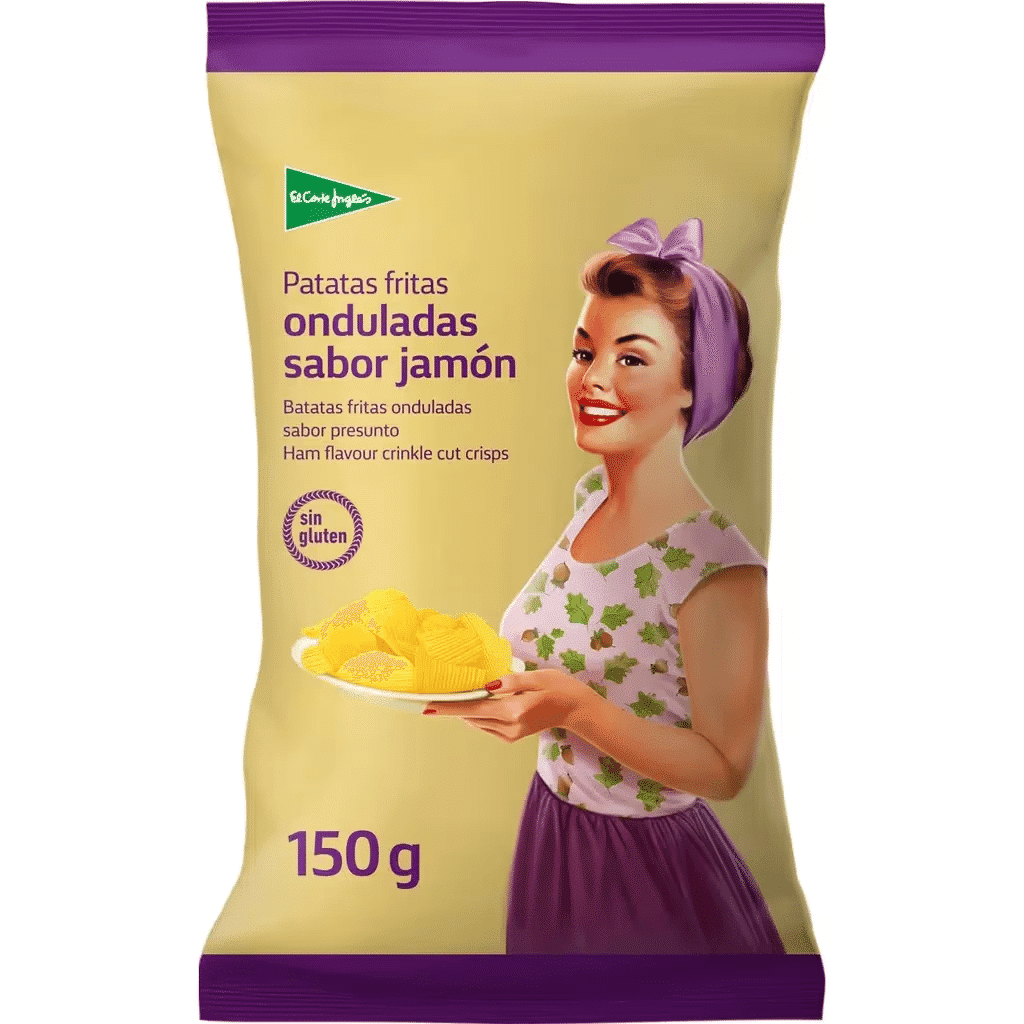 Batatas Fritas Onduladas com Sabor a Presunto sem Glúten embalagem 150 g - EL CORTE INGLÉS