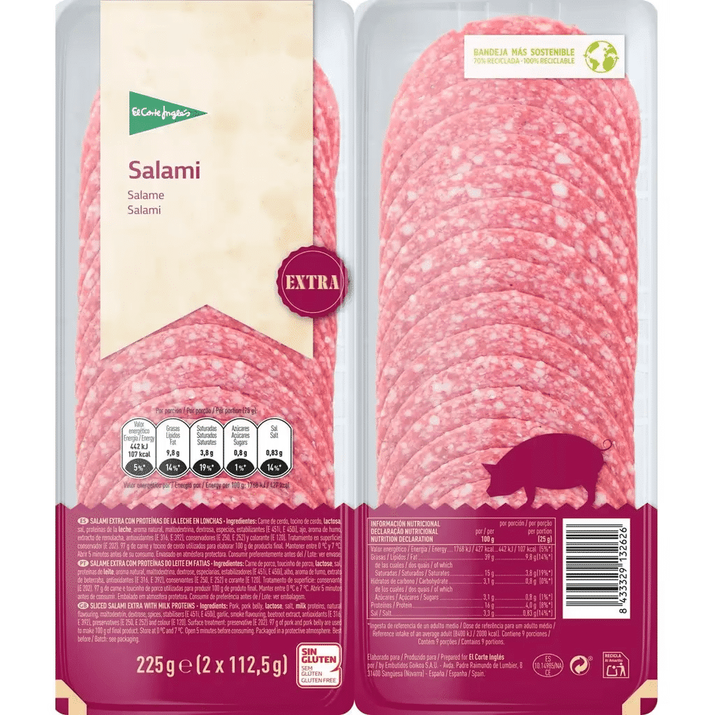 Salame Extra em Fatias sem Glúten Pack 2 embalagem 112,5 g - EL CORTE INGLÉS