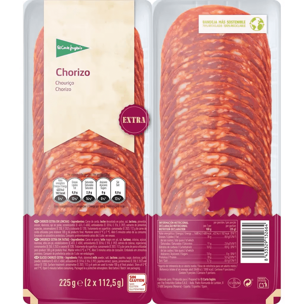 Chouriço Extra em Fatias sem Glúten Pack 2 embalagem 112,5 g - EL CORTE INGLÉS