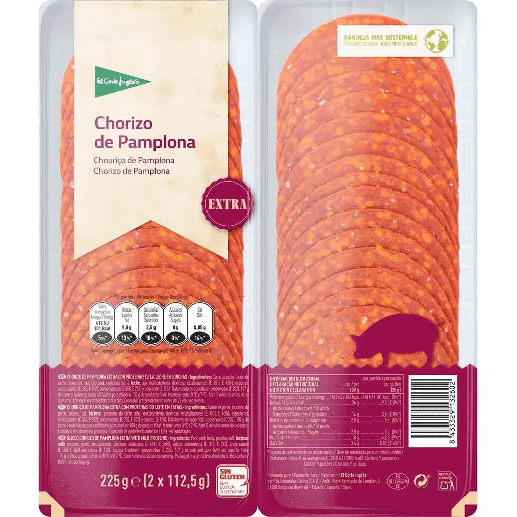 Chouriço de Pamplona em Fatias sem Glúten Pack 2 embalagem 112,5 g - EL CORTE INGLÉS