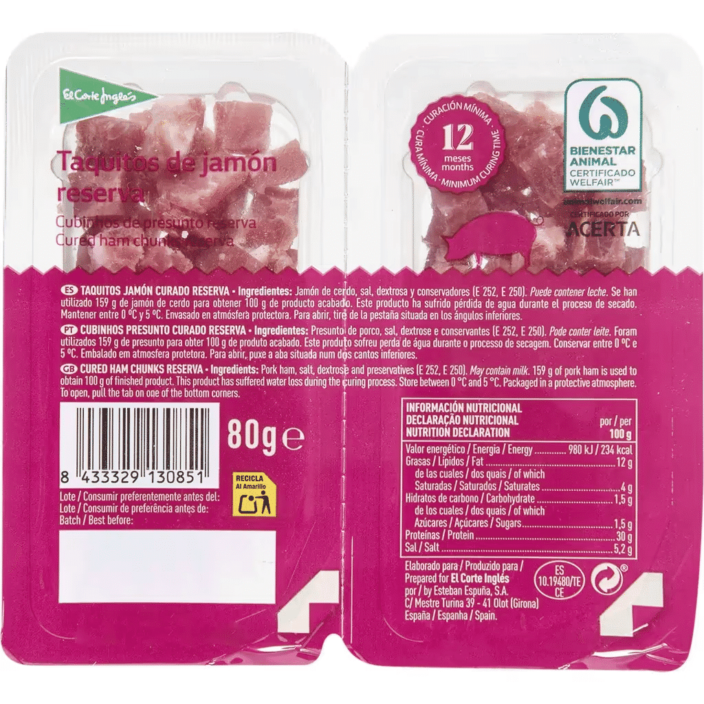 Cubinhos de Presunto Reserva 12 Meses Pack 2 unidade 80 g - EL CORTE INGLÉS