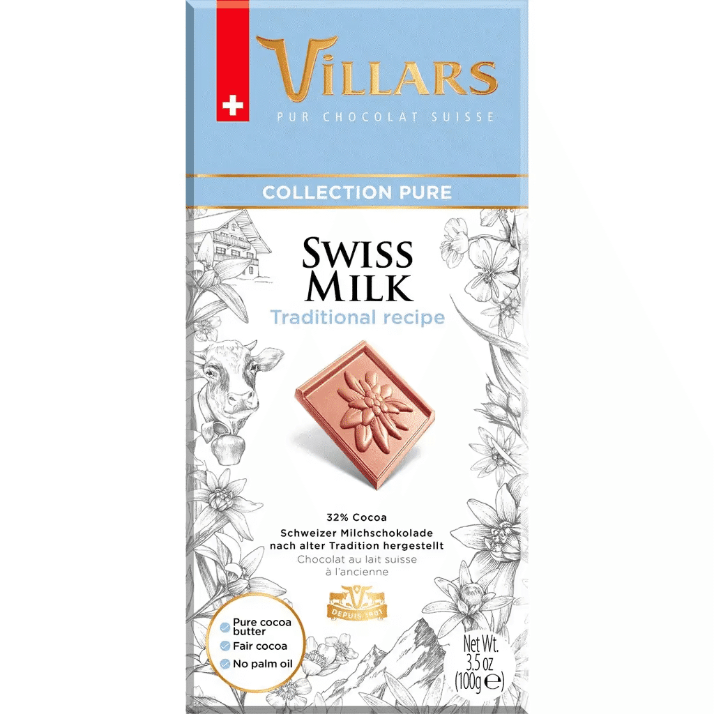 Chocolate de Leite Suíço Receita Tradicional embalagem 100 g - VILLARS COLLECTION PURE