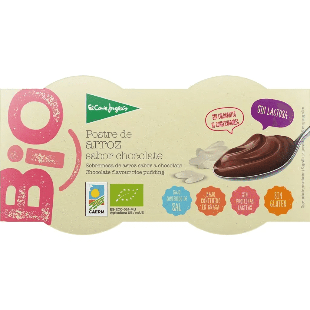 Sobremesa de Arroz Chocolate Biológica sem Lactose sem Glúten Pack 2 embalagem 250 g - EL CORTE INGLÉS BIO