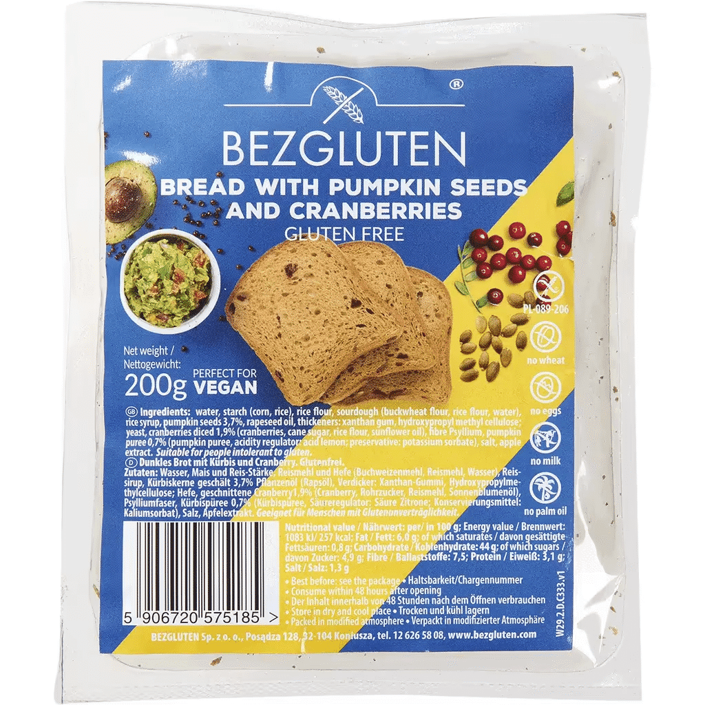 Pão sem Glúten com Arando e Sementes Vegan embalagem 200 g - BEZGLUTEN