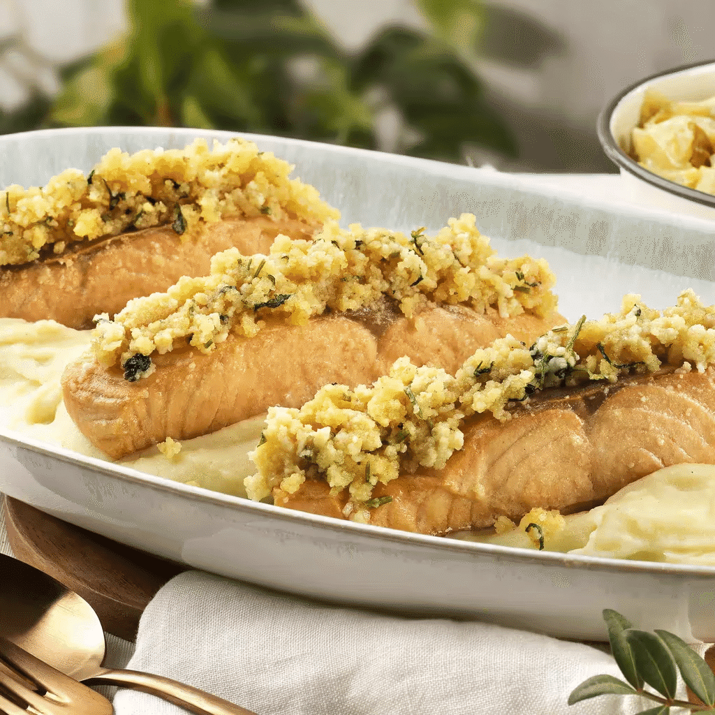 Lombos de Salmão com Crumble de Broa, Puré de Batata e Couve Salteada (entregas para a Páscoa) - COZINHA CONTINENTE