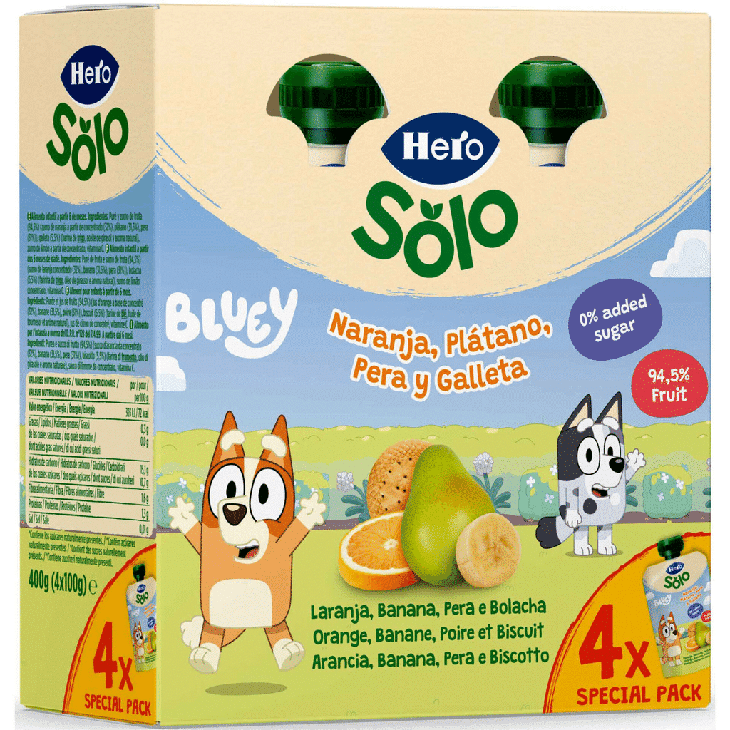 Pack Saquetas de Fruta Laranja, Banana, Pera e Bolacha - HERO SOLO