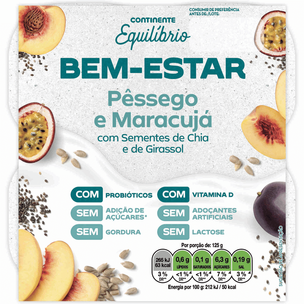 Iogurte Pedaços Bem-estar Pêssego e Maracujá sem Lactose - CONTINENTE EQUILÍBRIO