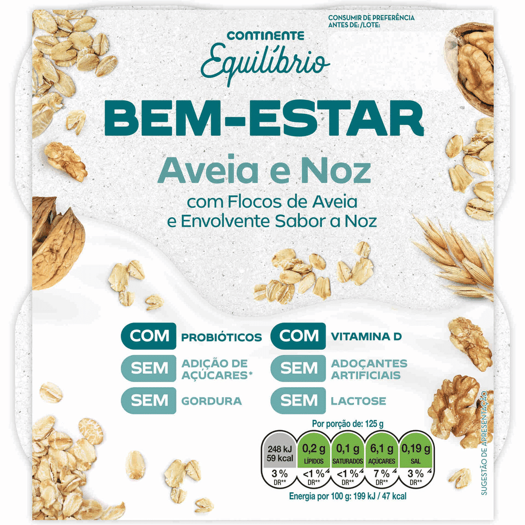 Iogurte Pedaços Bem-estar Aveia e Noz sem Lactose - CONTINENTE EQUILÍBRIO