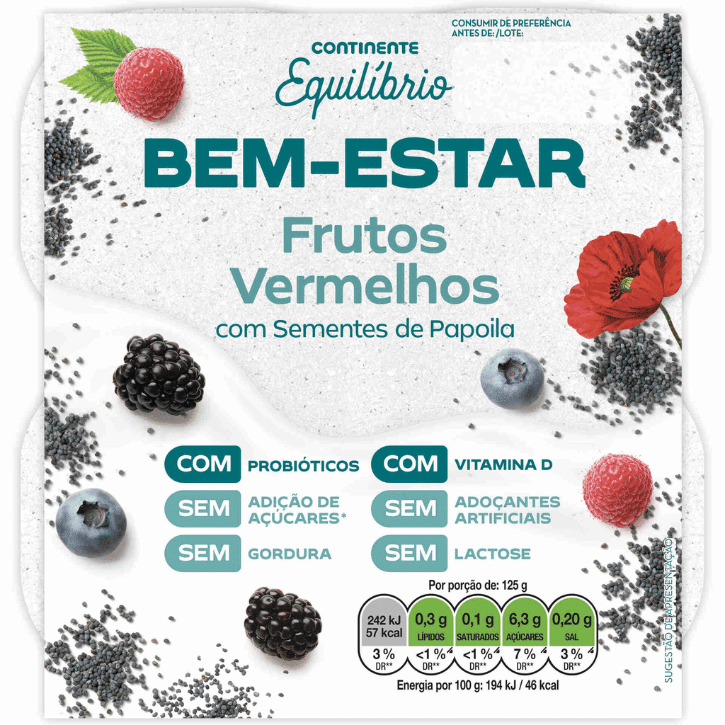Iogurte Pedaços Bem-estar Frutos Vermelhos sem Lactose - CONTINENTE EQUILÍBRIO