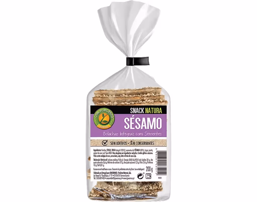Bolachas Snack Natura Sésamo 200 G - CEM PORCENTO
