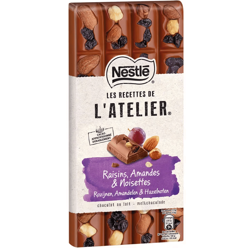 Tablete de Chocolate de Leite com Passas, Avelã e Amêndoa Les Recettes de L'atelier - NESTLÉ