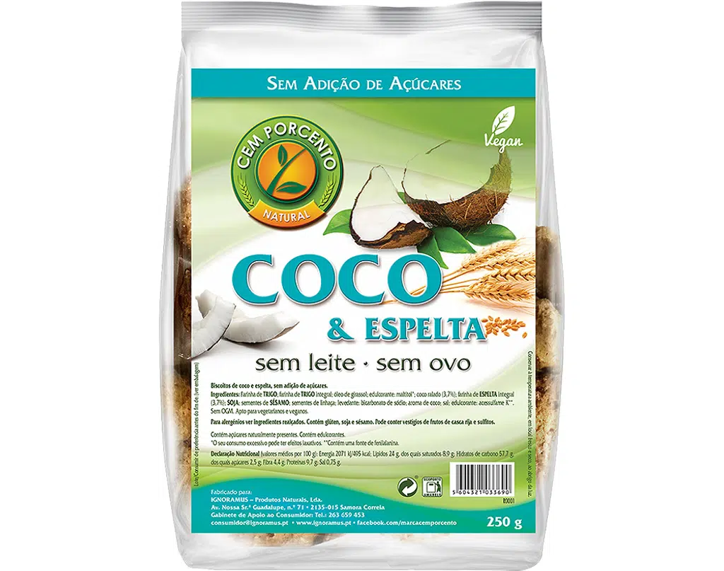 Biscoitos Integrais Côco E Espelta 250g - CEM PORCENTO