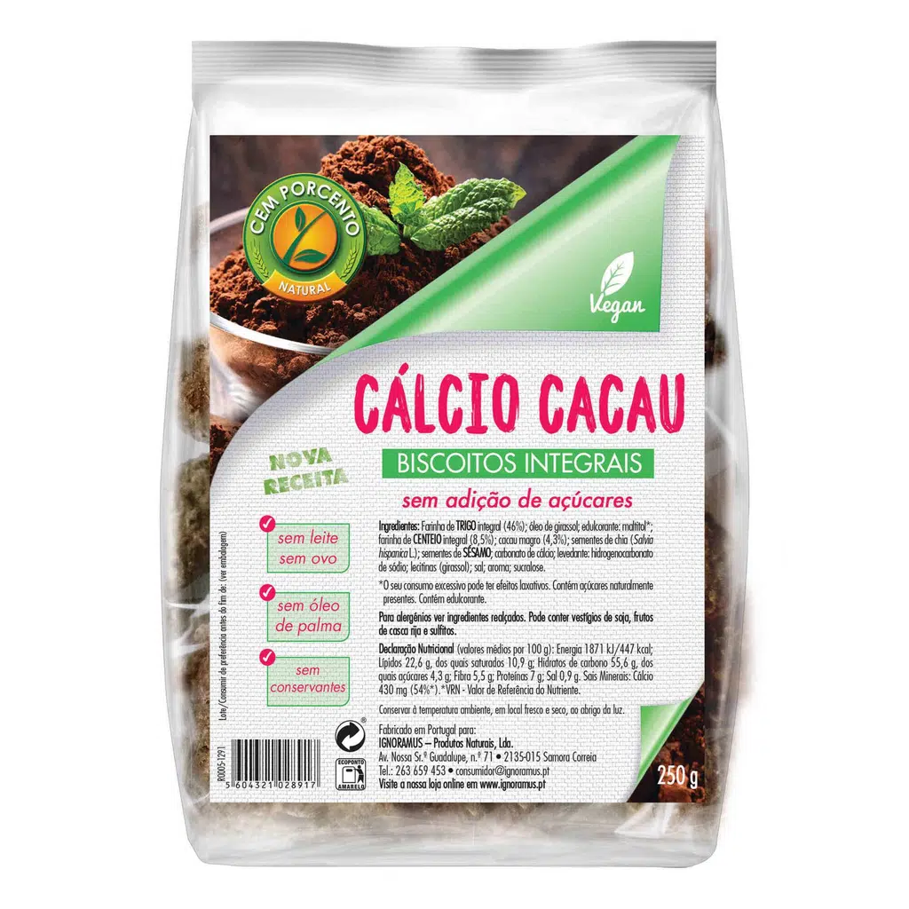 Biscoitos Cálcio com Cacau - CEM PORCENTO