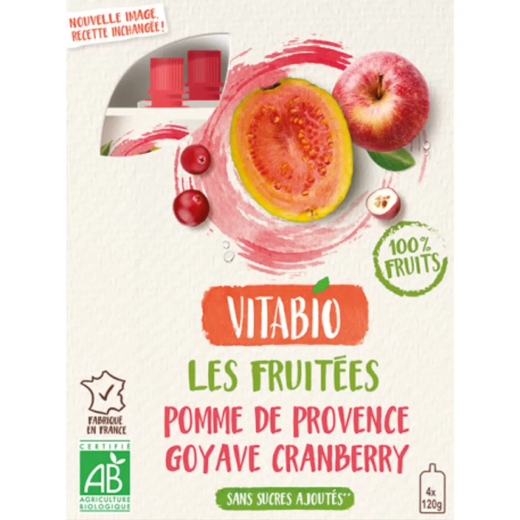 Puré de Fruta com Maçã, Goiaba e Mirtilo Biológico Pack 4 embalagem 120 g - VITABIO