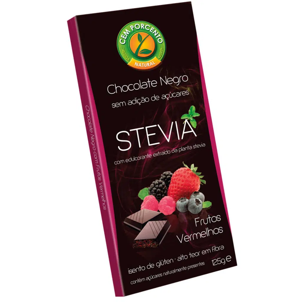 Tablete de Chocolate Negro Stevia com Frutos Vermelhos - CEM PORCENTO